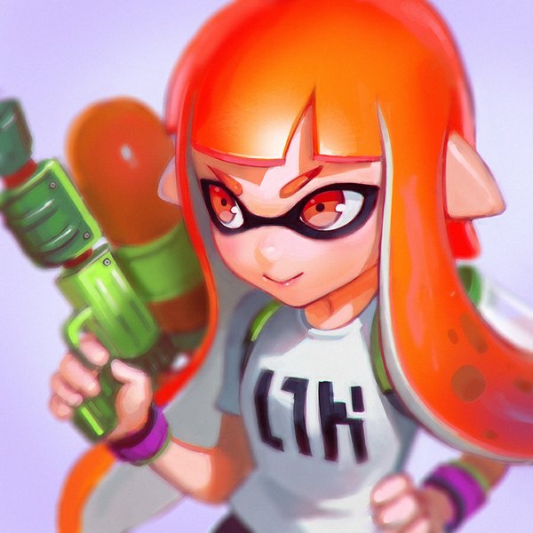 イラスト 900x900 と スプラトゥーン nintendo インクリング イリヤ・クブシノブ ソロ 長髪 赤面 前髪 simple background 笑顔 赤い目 looking away 赤髪 from above portrait purple background tentacle hair 女の子 仮面 Tシャツ