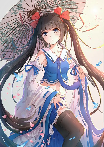 Anime picture 707x1000 with original pixiv fantasia pixiv fantasia t byakuya reki single long hair tall image looking at viewer blush brown hair brown eyes traditional clothes japanese clothes tattoo miko girl thighhighs skirt navel bow