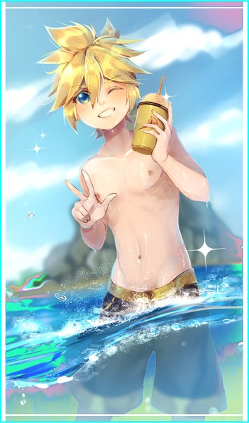 Anime picture 844x1428 with vocaloid kagamine len ei flow single tall image looking at viewer fringe short hair blue eyes blonde hair smile hair between eyes standing holding sky cloud (clouds) outdoors one eye closed wink sparkle