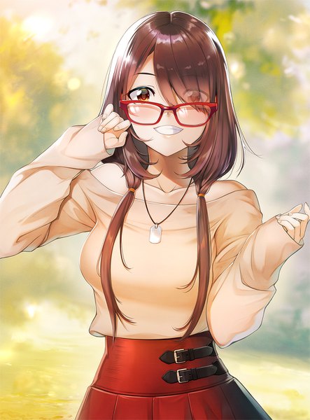 Anime-Bild 1000x1352 mit original koikeya single long hair tall image looking at viewer blush fringe smile red eyes brown hair standing twintails upper body outdoors blurry hair over one eye grin low twintails sleeves past wrists