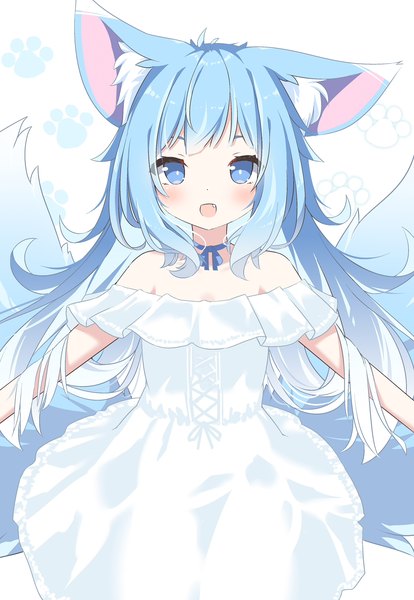 Anime picture 1200x1741 with original daidai ookami single long hair tall image looking at viewer blush fringe open mouth blue eyes smile standing bare shoulders animal ears payot blue hair tail :d animal tail off shoulder