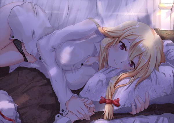 Anime picture 1200x848 with touhou yakumo yukari white crow long hair blush breasts light erotic blonde hair smile large breasts purple eyes cleavage lying long sleeves no bra bare legs holding hands on side pov lace-trimmed panties