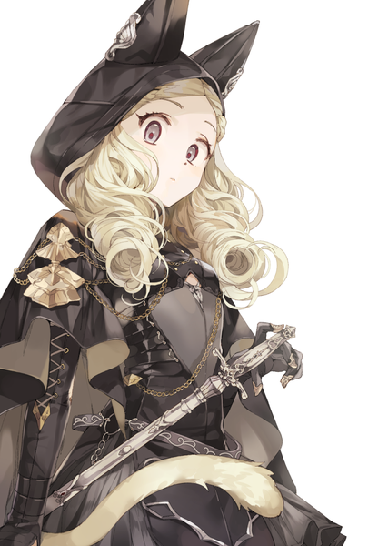 Anime picture 700x1036 with original inzup single long hair tall image simple background blonde hair white background upper body tail animal tail cat tail grey eyes drill hair looking down animal hood girl weapon sword hood