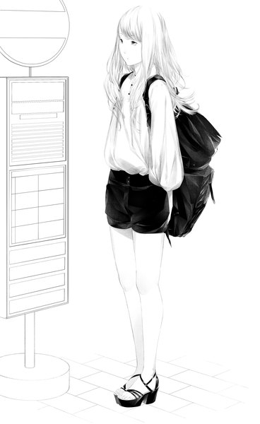 Anime picture 1000x1628 with original sousou (sousouworks) single long hair tall image standing looking away full body white hair monochrome casual girl shorts backpack sandals blouse platform footwear
