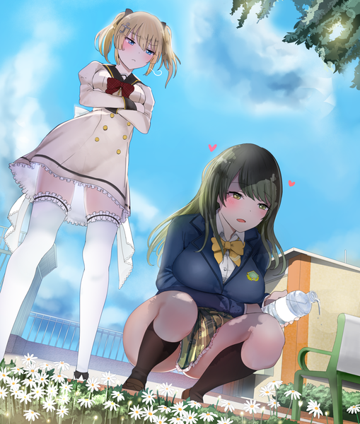 Anime picture 2670x3149 with battle girl high school tokiwa kurumi kougami kanon ravejaeger long hair tall image blush highres short hair open mouth blue eyes light erotic blonde hair twintails multiple girls yellow eyes sky cloud (clouds) green hair short twintails