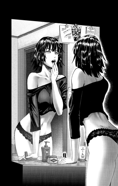 Anime picture 1536x2417 with one-punch man madhouse fubuki (one-punch man) murata yuusuke single tall image fringe short hair breasts open mouth light erotic bare shoulders holding indoors blunt bangs off shoulder arm support official art lipstick monochrome