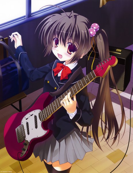Anime picture 5926x7682 with nanao naru long hair tall image blush highres open mouth black hair red eyes twintails absurdres girl uniform school uniform bowtie wire (wires) guitar