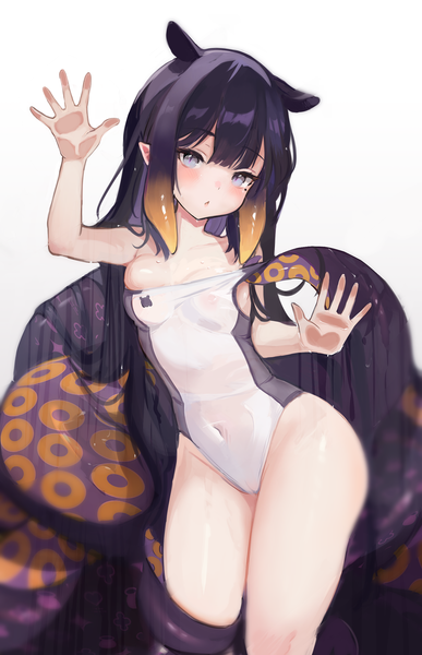 Anime picture 1633x2533 with virtual youtuber hololive hololive english ninomae ina'nis koahri single tall image looking at viewer blush fringe open mouth light erotic simple background standing white background animal ears purple hair blunt bangs very long hair multicolored hair