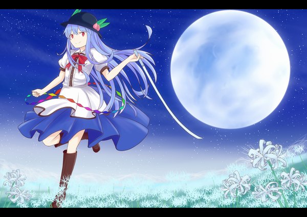 Anime picture 1800x1280 with touhou hinanawi tenshi kanimiso-wassyoi (artist) single long hair looking at viewer highres smile red eyes night night sky letterboxed girl dress flower (flowers) weapon hat sword katana moon