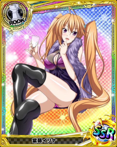 Anime picture 640x800 with highschool dxd shidou irina single tall image looking at viewer blush breasts open mouth light erotic brown hair purple eyes twintails very long hair pantyshot crossed legs card (medium) girl dress underwear panties