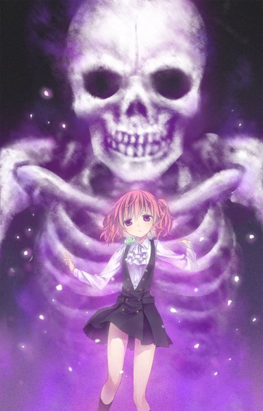 Anime picture 800x1250 with inu x boku ss david production roromiya karuta dekatanaba single tall image looking at viewer fringe twintails purple eyes pink hair legs glow skeleton girl uniform school uniform shirt socks food