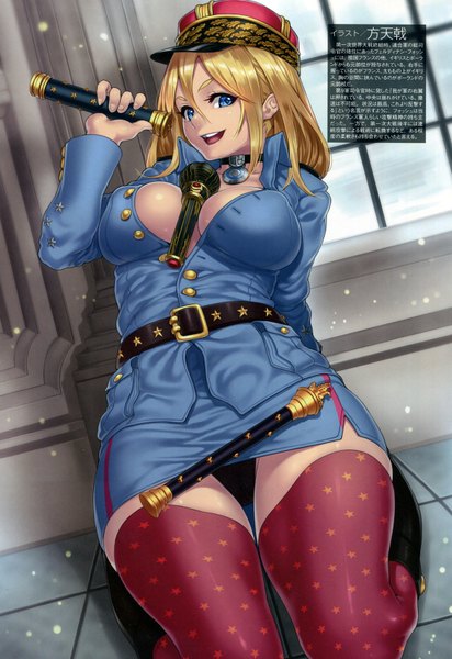 Anime picture 1169x1700 with original real life mc axis ferdinand foch houtengeki long hair tall image looking at viewer blush breasts open mouth blue eyes light erotic blonde hair smile large breasts sitting holding cleavage arm support