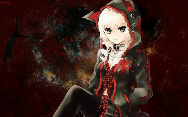 Anime picture 1680x1050 with kuramoto kaya 21emmz12 (artist) single long hair blonde hair wide image sitting signed black eyes girl pantyhose hood collar cross cap