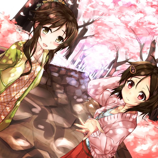 Anime picture 1000x1000 with idolmaster idolmaster cinderella girls takamori aiko doumyouji karin kazasuzu looking at viewer blush short hair open mouth smile brown hair multiple girls brown eyes cherry blossoms girl 2 girls plant (plants) petals tree (trees) sweater