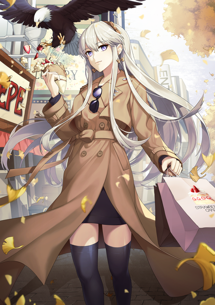 Anime picture 2000x2828 with azur lane enterprise (azur lane) lem tea single long hair tall image looking at viewer fringe highres smile hair between eyes standing purple eyes holding payot silver hair outdoors long sleeves wind sparkle