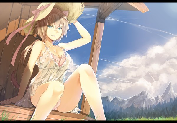 Anime picture 1400x980 with strike witches hews single long hair looking at viewer blue eyes light erotic blonde hair sitting sky cloud (clouds) pantyshot scar mountain girl dress underwear panties hat lingerie