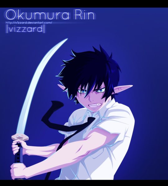 Anime picture 900x1000 with ao no exorcist a-1 pictures okumura rin blazing-wizard single tall image short hair blue eyes simple background blue hair pointy ears inscription grin coloring blue background muscle angry boy weapon shirt