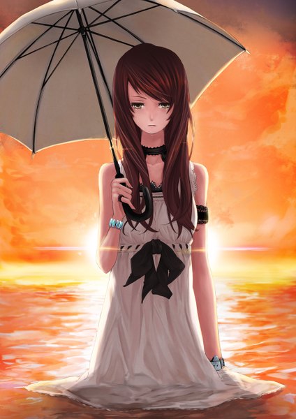 Anime picture 990x1400 with original pixiv fantasia pixiv pixiv fantasia v pixiv girls collection 2011 pixiv girls collection mille (dieci) single tall image fringe brown hair holding wet tears looking down crying glow sad girl dress