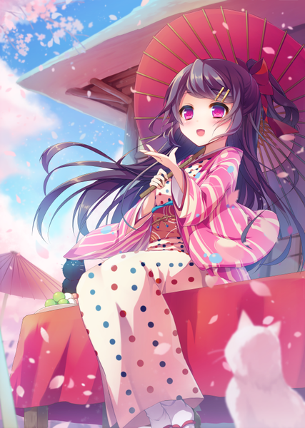 Anime picture 595x835 with original amamine long hair tall image blush open mouth black hair smile sky traditional clothes japanese clothes pink eyes cherry blossoms girl hair ornament bow plant (plants) hair bow animal petals