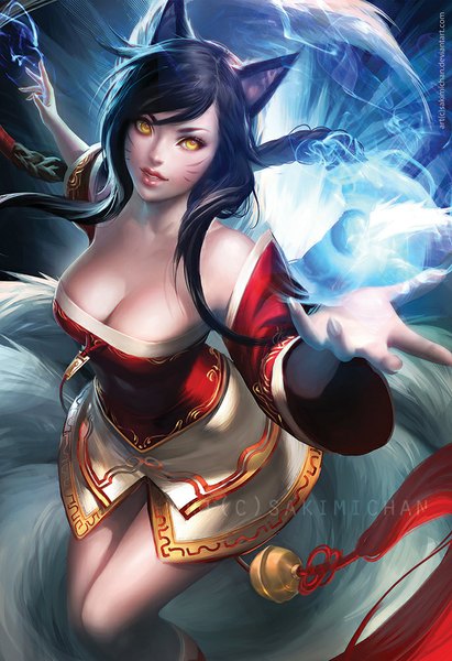 Anime picture 686x1000 with league of legends ahri (league of legends) sakimichan single long hair tall image light erotic black hair bare shoulders animal ears yellow eyes tail braid (braids) animal tail lips realistic fox ears single braid facial mark fox tail