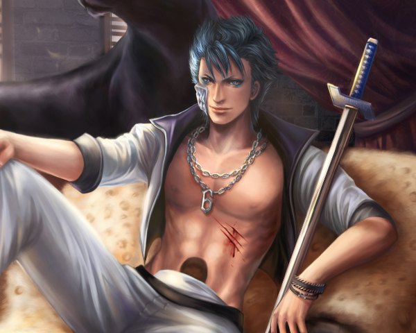 Anime picture 1280x1024 with bleach studio pierrot grimmjow jeagerjaques jiuge short hair smile sitting realistic open clothes open jacket abs injury espada cuts boy sword katana blood chain curtains