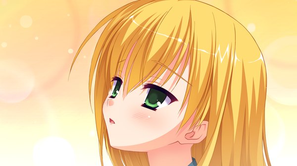 Anime picture 1280x720 with noble works kanemoto akari kobuichi single long hair blonde hair simple background wide image green eyes game cg face yellow background girl
