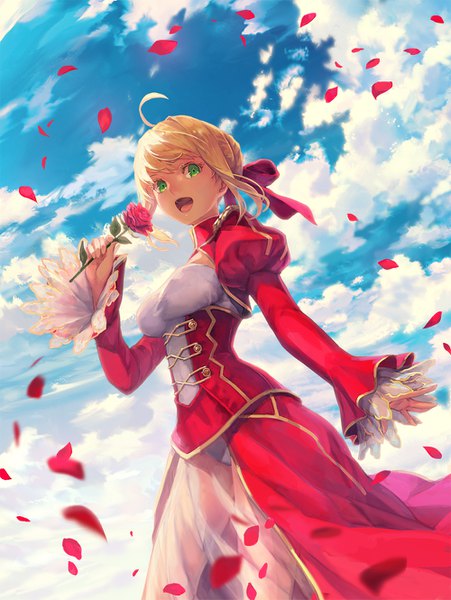Anime picture 1000x1329 with fate (series) fate/extra nero claudius (fate) (all) nero claudius (fate) harupy single tall image looking at viewer fringe short hair open mouth light erotic blonde hair standing holding green eyes payot sky cloud (clouds) ahoge