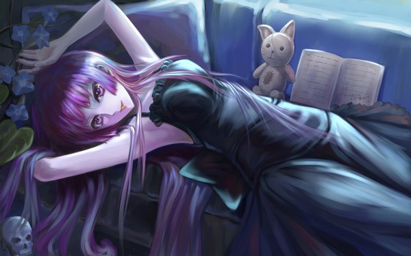 Anime picture 3840x2400 with tasogare otome x amnesia silver link kanoe yuuko bzerox single long hair looking at viewer fringe highres wide image purple eyes bare shoulders looking away absurdres purple hair indoors lying arms up armpit (armpits) on back