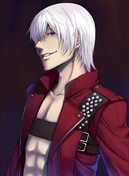 Anime picture 733x1000 with devil may cry dante (devil may cry) hiroya juuren (artist) single tall image looking at viewer short hair blue eyes simple background smile white hair black background boy cloak