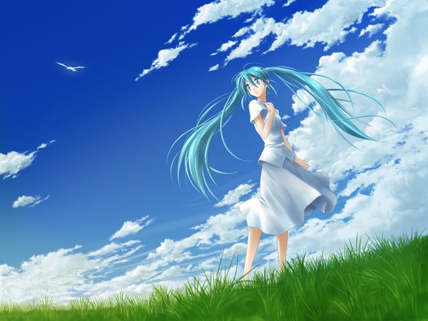 Anime picture 1280x960 with vocaloid hatsune miku mid knight long hair blue eyes twintails sky cloud (clouds) looking back green hair girl plant (plants) grass