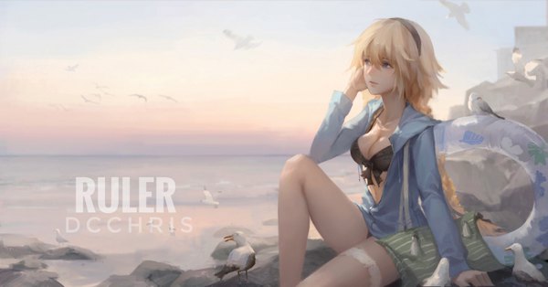 Anime picture 6211x3260 with fate (series) fate/grand order jeanne d'arc (fate) (all) jeanne d'arc (swimsuit archer) dcchris single long hair fringe highres breasts light erotic blonde hair hair between eyes wide image sitting purple eyes signed looking away absurdres sky
