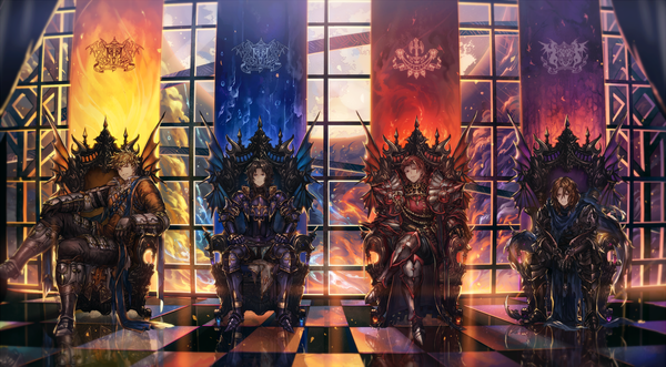 Anime picture 2300x1272 with granblue fantasy percival (granblue fantasy) vane (granblue fantasy) lancelot (granblue fantasy) siegfried (granblue fantasy) shigaraki (strobe blue) looking at viewer fringe highres short hair blue eyes black hair blonde hair hair between eyes red eyes brown hair wide image sitting full body red hair