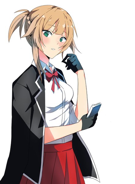 Anime picture 1000x1358 with girls frontline welrod mk2 (girls frontline) ururu single tall image looking at viewer blush short hair simple background blonde hair white background green eyes parted lips alternate costume clothes on shoulders girl skirt gloves uniform school uniform