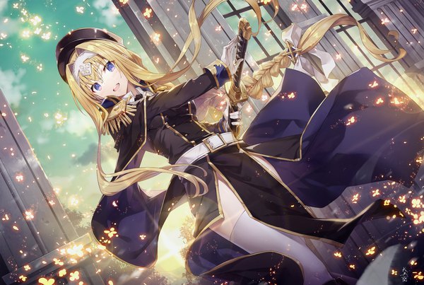 Anime picture 1490x1000 with sword art online a-1 pictures alice zuberg gabiran single long hair looking at viewer fringe open mouth blonde hair smile hair between eyes standing purple eyes holding signed sky cloud (clouds) braid (braids) :d