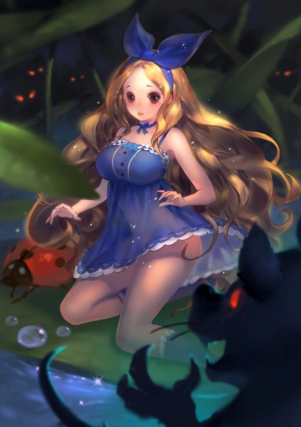 Anime picture 1654x2339 with original tagme (artist) long hair tall image looking at viewer blush breasts open mouth light erotic blonde hair red eyes large breasts bare shoulders brown eyes animal ears teeth bare legs fang (fangs) kneeling wavy hair