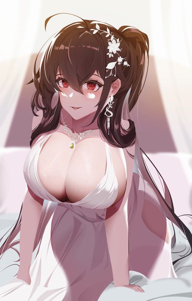 Anime picture 2151x3358 with azur lane taihou (azur lane) taihou (temptation on the sea breeze) (azur lane) ankh man single long hair tall image blush fringe highres breasts open mouth light erotic smile hair between eyes red eyes brown hair looking away cleavage ahoge