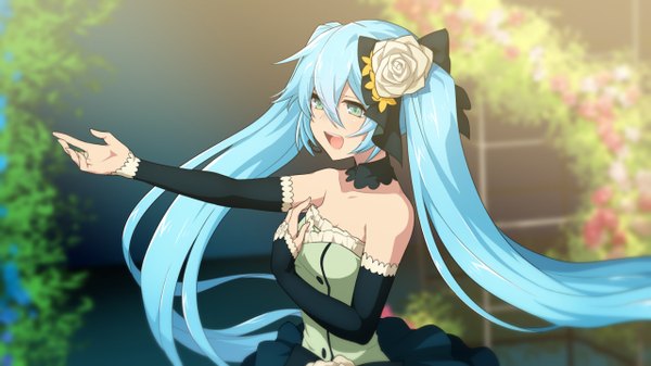 Anime picture 1280x720 with vocaloid hatsune miku matsuda toki single long hair fringe open mouth hair between eyes wide image twintails bare shoulders upper body hair flower aqua eyes blurry aqua hair depth of field alternate costume hand on chest outstretched hand