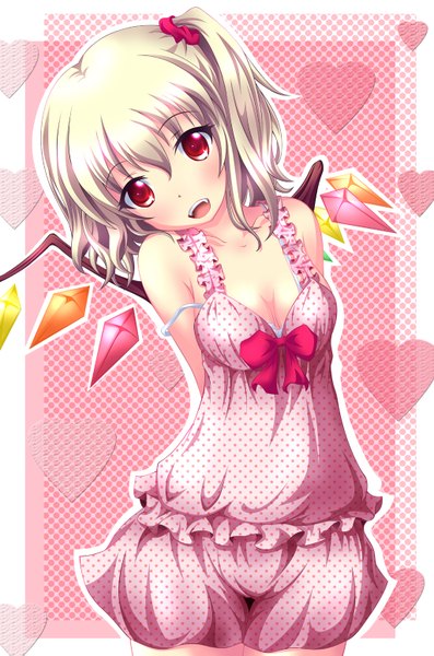 Anime picture 1026x1549 with touhou flandre scarlet neats (artist) tall image blush short hair open mouth light erotic blonde hair red eyes bare shoulders cleavage girl wings heart crystal