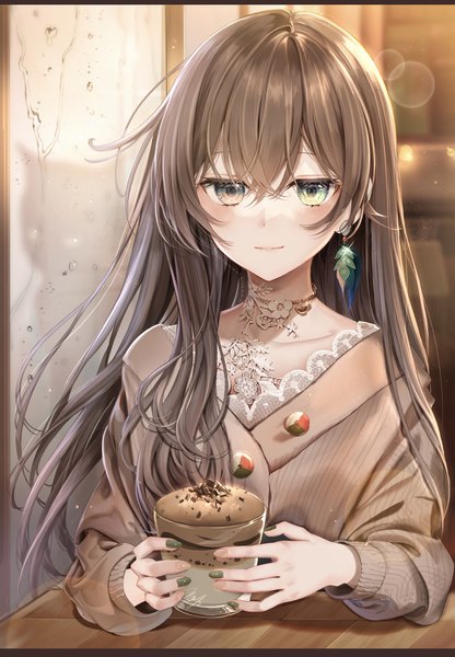 Anime picture 1242x1792 with original kouyafu single long hair tall image looking at viewer blush fringe hair between eyes brown hair holding green eyes upper body indoors nail polish light smile lens flare girl choker food