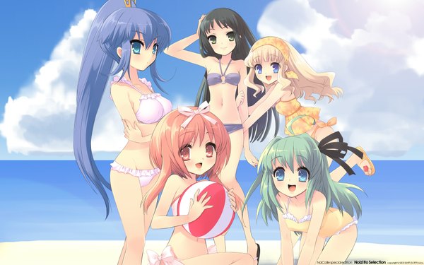 Anime picture 1920x1200 with nanatsuiro drops akihime sumomo sumomo yuuki nona yaeno nadeshiko nadeshiko (inukami) koiwai flora satsuki julirsia itou noiji highres light erotic wide image beach swimsuit bikini white bikini