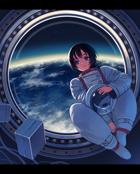 Anime picture 1447x1804 with original kaneni single tall image short hair blue eyes black hair smile looking away full body space weightlessness helmet removed astronaut girl helmet planet earth