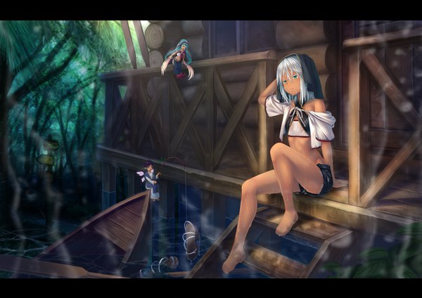 Anime picture 1000x708 with original koko (koko3) long hair sitting multiple girls green eyes silver hair barefoot aqua hair dark skin letterboxed arm behind head wet clothes fantasy fairy girl dress boy 2 girls plant (plants)