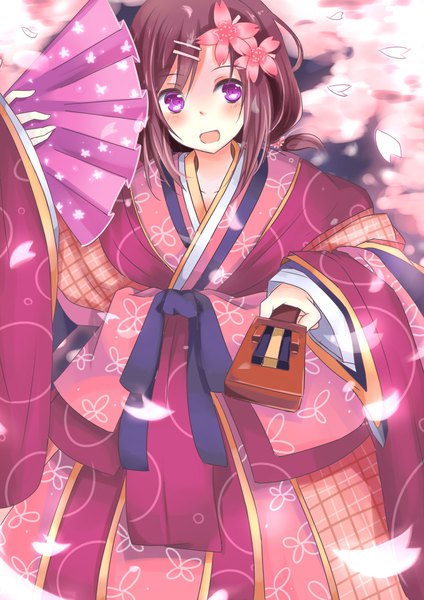 Anime picture 1446x2046 with hanayamata madhouse sekiya naru kurukuru hime single long hair tall image looking at viewer blush fringe open mouth brown hair purple eyes twintails traditional clothes :d japanese clothes hair flower low twintails cherry blossoms