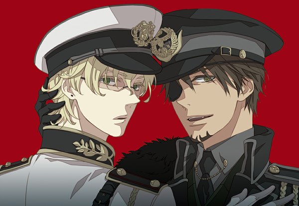 Anime picture 1000x689 with tiger & bunny sunrise (studio) kaburagi t. kotetsu barnaby brooks jr. shiramatsu looking at viewer short hair open mouth simple background blonde hair brown hair brown eyes green eyes looking back red background shounen ai boy gloves uniform earrings