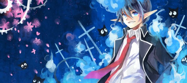 Anime picture 1346x602 with ao no exorcist a-1 pictures okumura rin koyuiko single looking at viewer short hair blue eyes black hair smile wide image pointy ears glowing boy uniform school uniform necktie cross