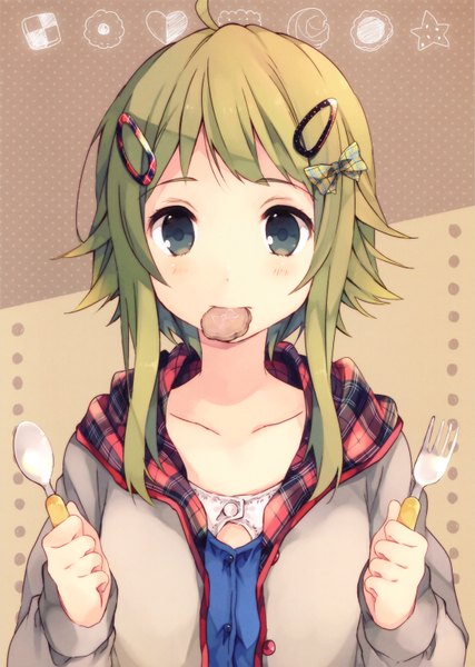 Anime picture 2179x3063 with vocaloid gumi ousaka nozomi single tall image blush highres short hair holding green eyes green hair open clothes open jacket mouth hold girl hair ornament bow jacket hairclip hood