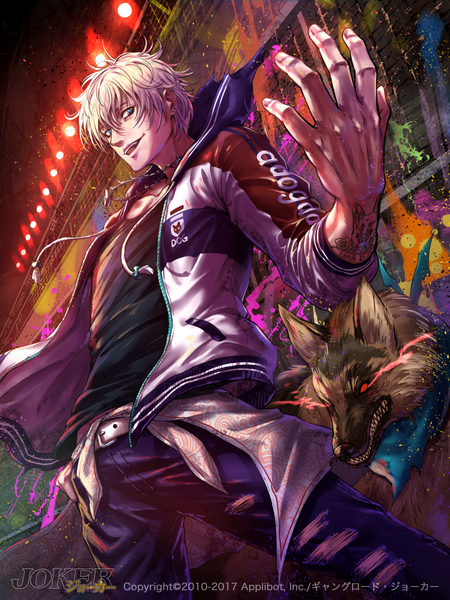 Anime picture 900x1200 with joker ~gang road~ sakiyamama single tall image looking at viewer fringe short hair open mouth blue eyes smile hair between eyes standing silver hair outdoors night open jacket teeth from below tattoo copyright name