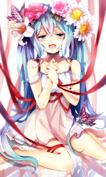 Anime picture 1200x2000 with vocaloid hatsune miku nekoame single tall image blush open mouth twintails very long hair hair flower aqua hair girl hair ornament ribbon (ribbons) insect butterfly sundress