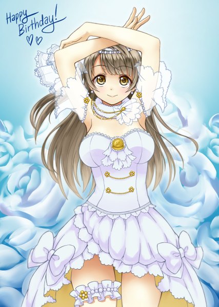 Anime picture 945x1329 with love live! school idol project sunrise (studio) love live! minami kotori pas (paxiti) single long hair tall image looking at viewer smile brown eyes grey hair one side up happy birthday girl dress flower (flowers) bow frills