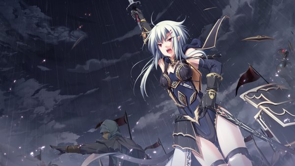 Anime picture 1280x720 with madou koukaku eushully long hair open mouth red eyes wide image game cg cloud (clouds) white hair rain army girl boy gloves weapon sword elbow gloves banner